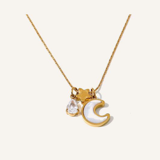 Halskette mit Muschel-, Mond- und Sternanhänger, goldfarben – Charmhabit