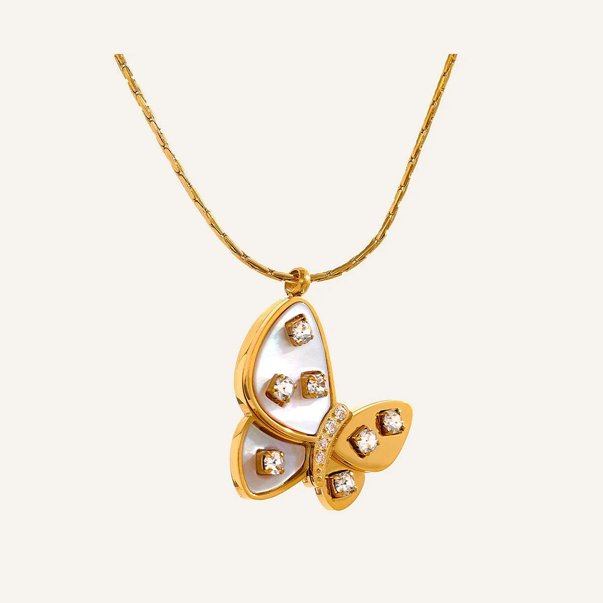Shell and cubic zirconia butterfly necklace, gold tone – Charmhabit