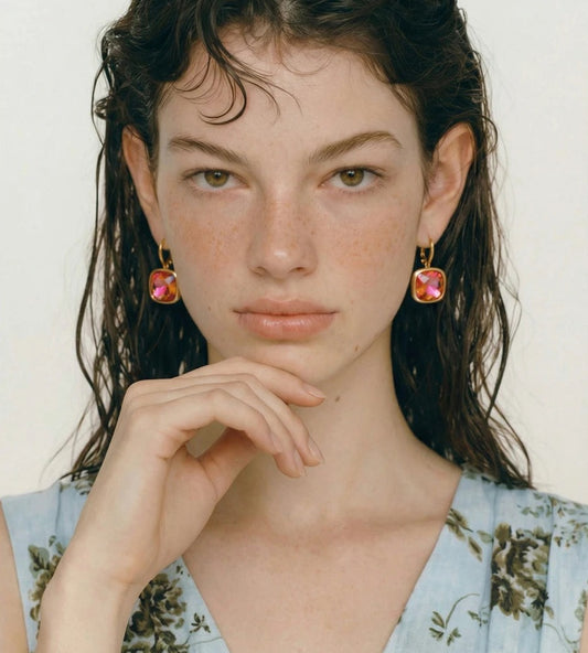 Square crystal earrings in soft colours, worn – Charmhabit