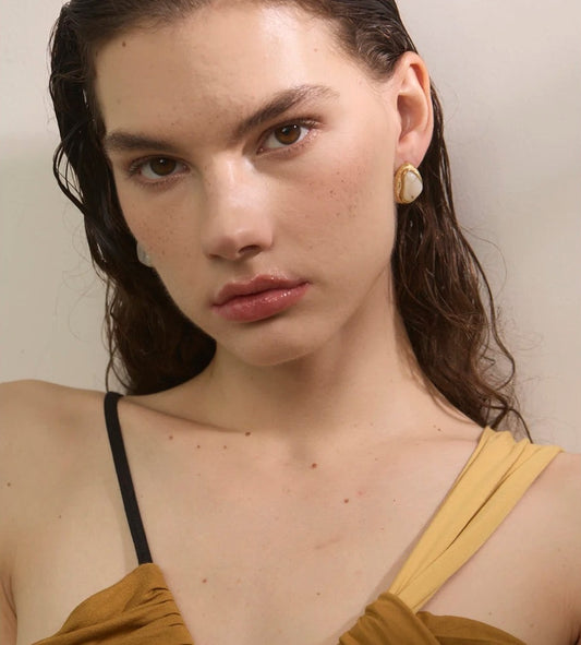 Marbled resin stud earrings, worn – Charmhabit