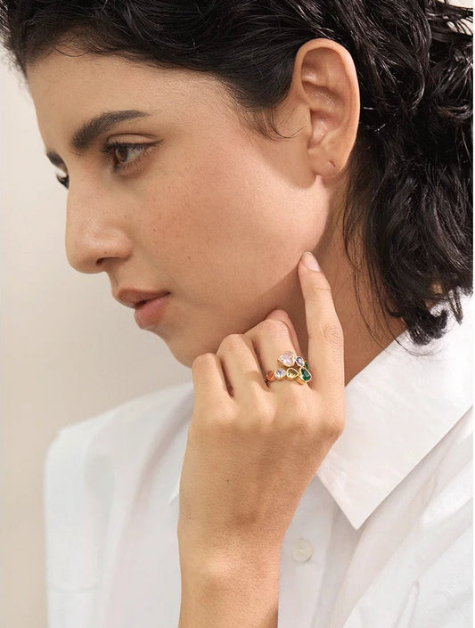 Open ring with cubic zirconia hearts, worn – Charmhabit