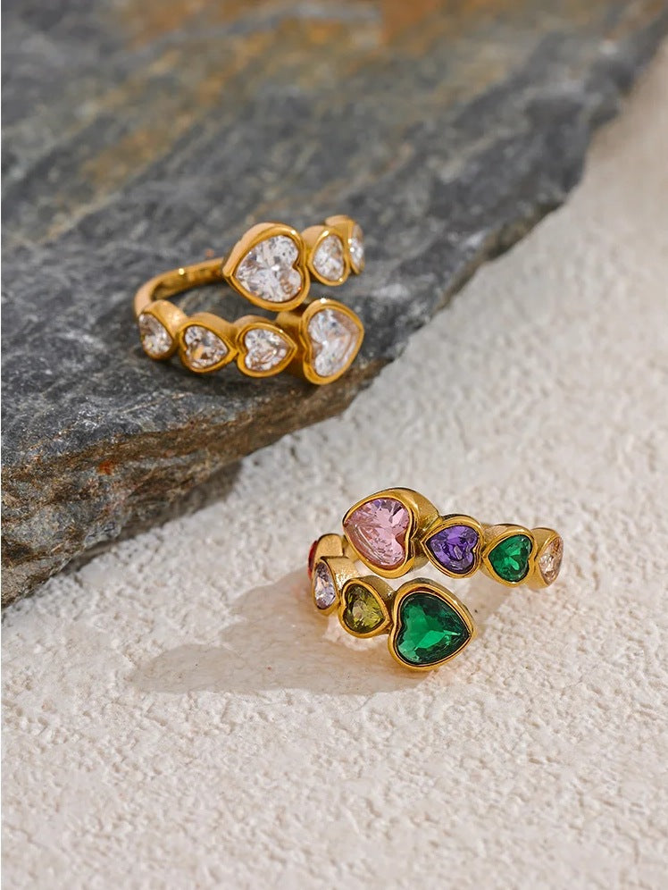 Open ring with cubic zirconia hearts, clear and colourful, on stone – Charmhabit