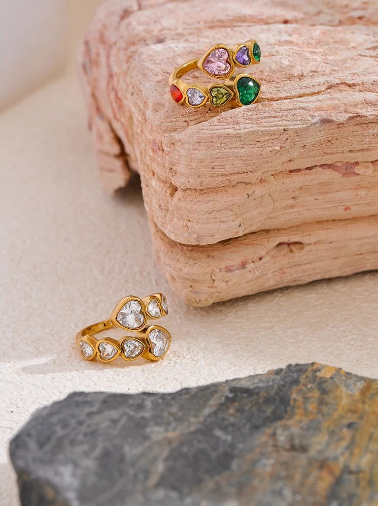 Open ring with cubic zirconia hearts, styled shot – Charmhabit
