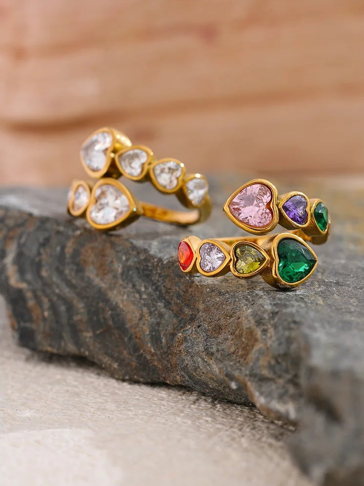 Open ring with cubic zirconia hearts, both colours, on pink stone – Charmhabit