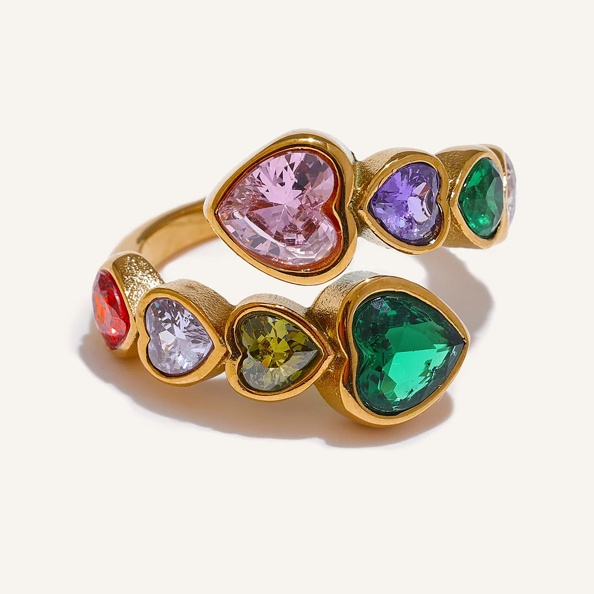 Open ring with cubic zirconia hearts, colourful, on a light background – Charmhabit