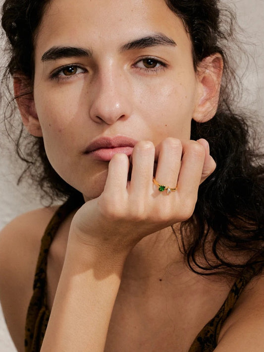 Ring with green and white cubic zirconia, worn – Charmhabit