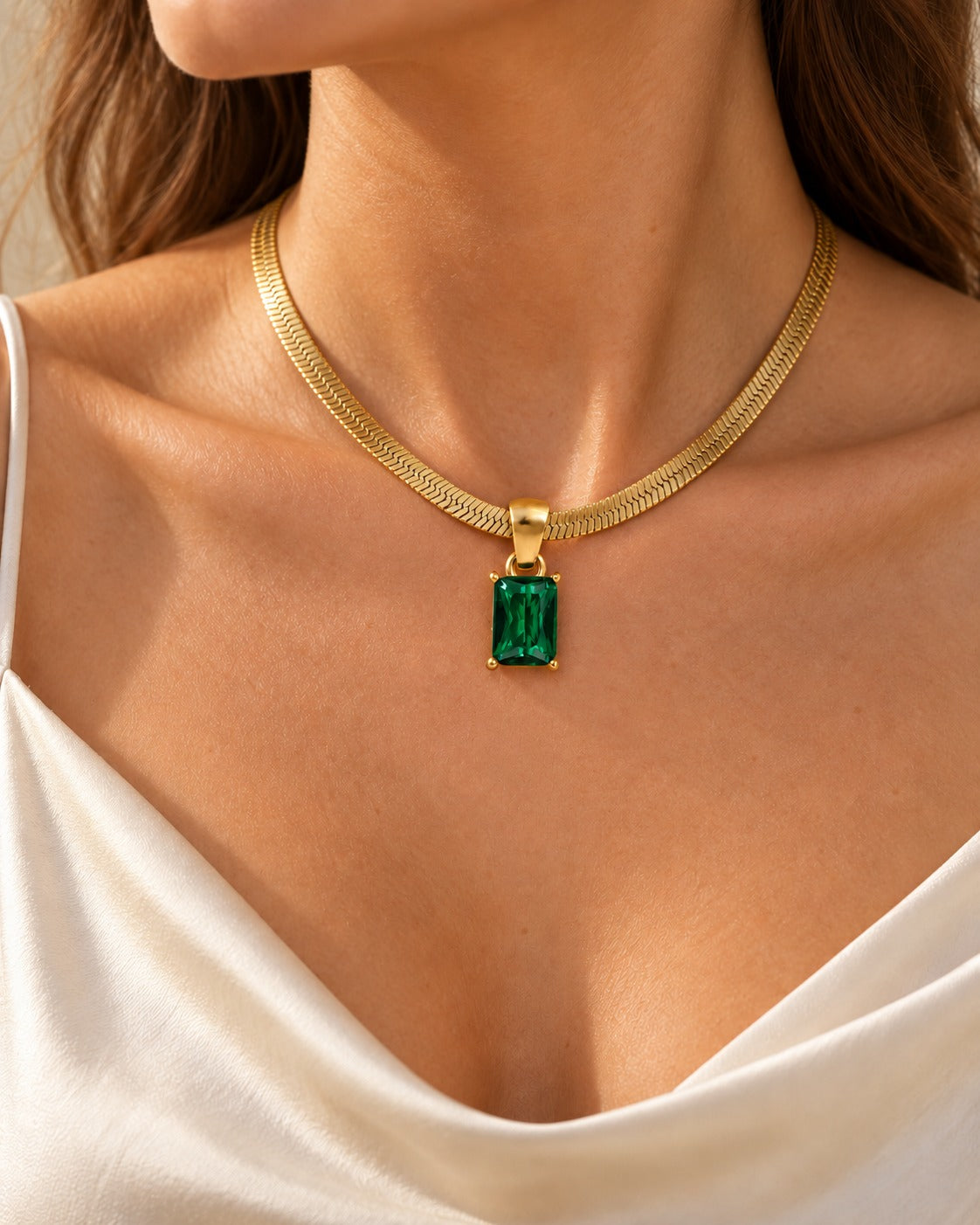 Snake chain with rectangular zirconia pendant, gold tone, worn – Charmhabit