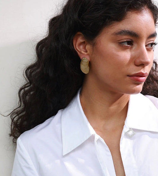Statement resin stud earrings, teardrop shape, worn – Charmhabit