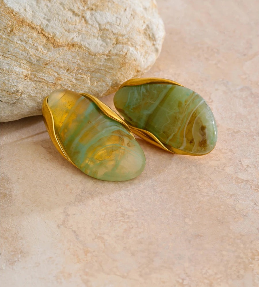 Statement resin stud earrings in jade green on a stone – Charmhabit