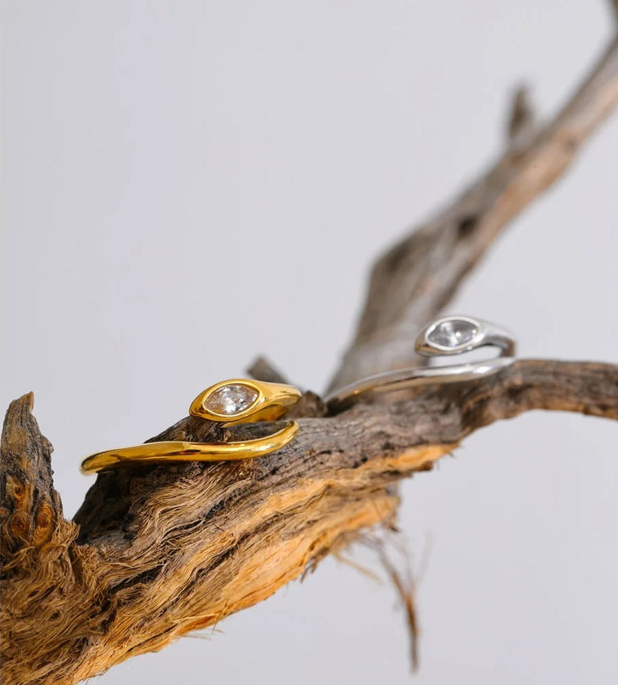 Bague réglable avec zircon, versions dorée et argentée réunies sur une branche – Charmhabit