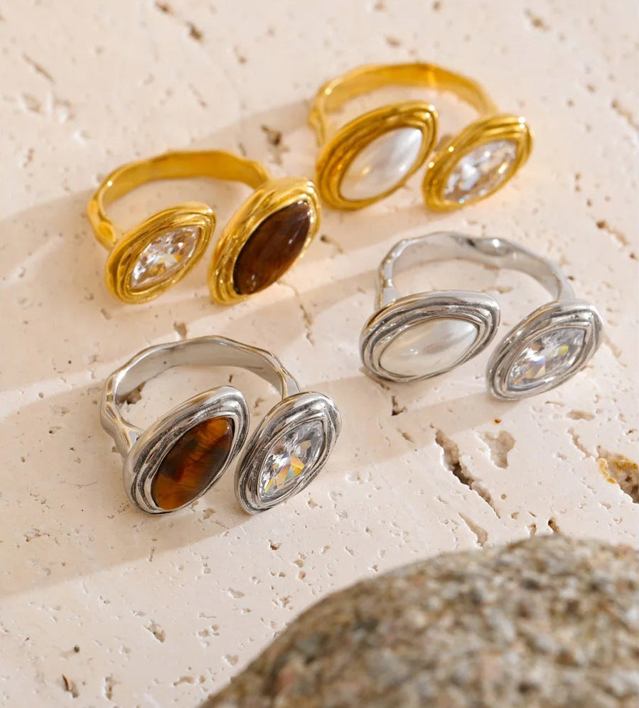 Bagues ajustables avec œil de tigre ou perle et zircon, en finitions dorée et argentée – Charmhabit