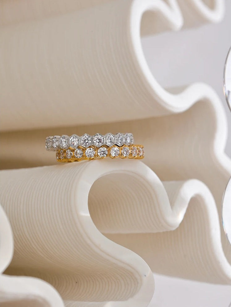 Cubic zirconia ring with hexagonal setting, gold and silver tones, styled shot – Charmhabit