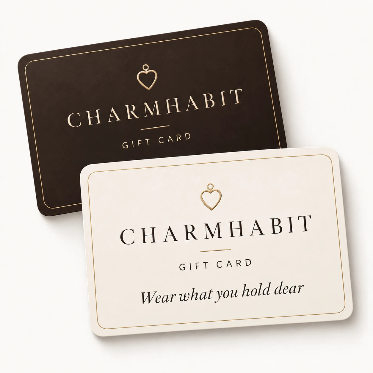 CharmHabit Gift Cards in ivory and espresso with the message Wear what you hold dear